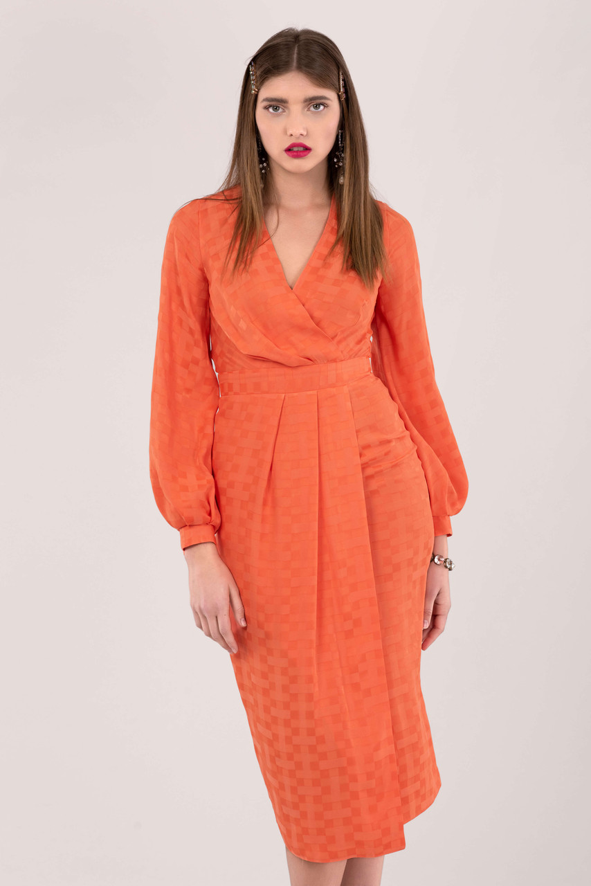 Closet London| Orange Pleated Wrap Midi ...